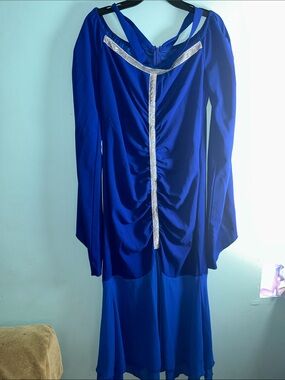 Royal Blue Long Sleeve Ruched Dress with Silver Trim